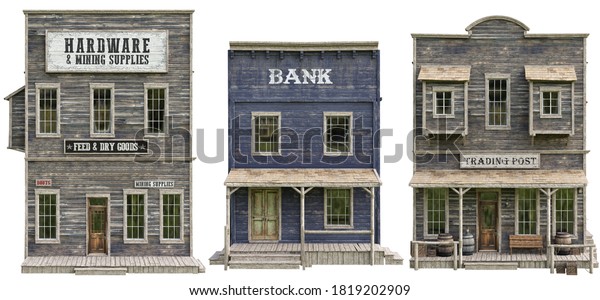 Western town booster pack. Collection of high\
resolution buildings on an isolated white background. Hardware,\
trading post and Bank. 3d\
rendering