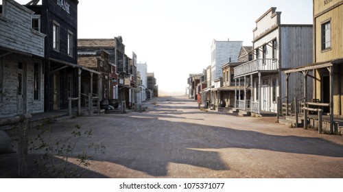 Western town road with various businesses and Depth of field . 3d rendering