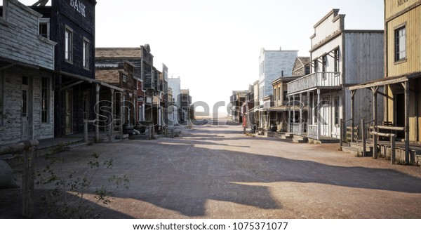 Western town road with various businesses and\
Depth of field . 3d\
rendering