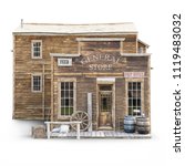 Western town rustic general store on an isolated white background. 3d rendering