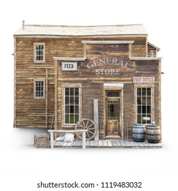 Western Town Rustic General Store On An Isolated White Background. 3d Rendering