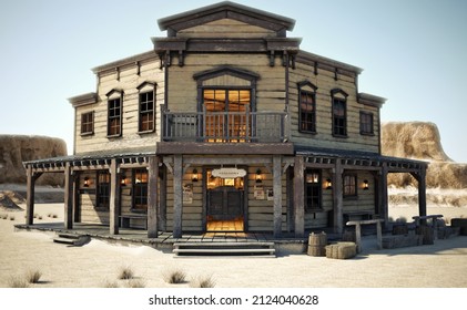 Western Town Saloon Lit Up And Open For Business With A Mountainous Background. 3d Rendering.