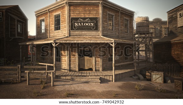 Western town saloon with various businesses .\
3d rendering