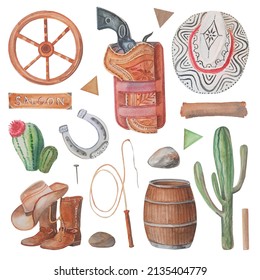 Western watercolor art. Hand-drawn illustration set of texas, wild west elements. Cactus, cowboy, horseshoes, hat. 