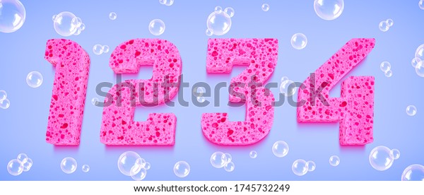 Wet sponge font number 1, 2, 3, 4 with brilliant soap\
bubble around. Realistic 3D rendering typography with clipping path\
ready to use. For your Clean or Hygiene concept in several creative\
design. 