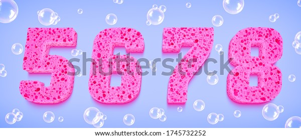 Wet sponge font number 5, 6, 7, 8 with brilliant soap\
bubble around. Realistic 3D rendering typography with clipping path\
ready to use. For your Clean or Hygiene concept in several creative\
design. 