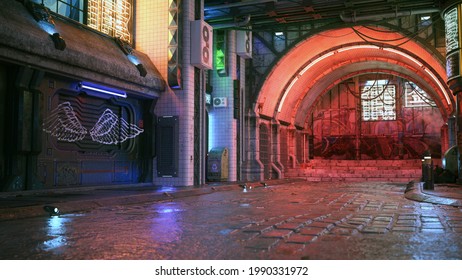 Wet street at night in a futuristic cyberpunk city. 3D illustration.