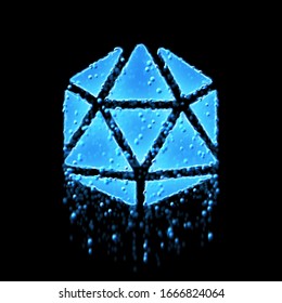 Wet Symbol Dice D20 Is Blue. Water Dripping  