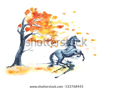 Wet watercolor rearing up horse with ink blots stains autumn tree with yellow and orange fall leaves on white. Hand drawing illustration of black stallion in motion.