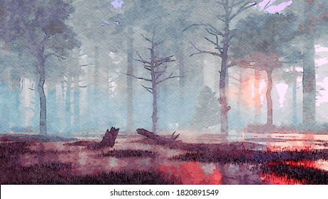 Wet watercolor sketch mystical forest swamp and creepy dead tree silhouettes at foggy dawn dusk  Decorative digital art painting landscape from my own 3D rendering file 