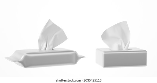 Wet wipes pouch and paper napkin box, open blank packages angle view. Realistic mockup white plastic and carton pack with facial tissues or handkerchiefs, isolated on white background, 3d render