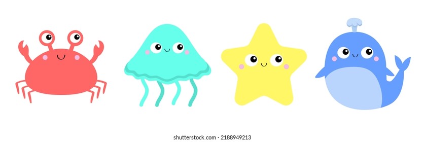 Whale Crab Jellyfish Starfish Toy Icon Set Line. Big Eyes. Yellow Star. Cute Cartoon Kawaii Funny Baby Character. Sea Ocean Animal Collection. Kids Print. Flat Design. White Background Isolated 