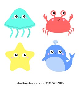 Whale Crab Jellyfish Starfish Toy Icon Set. Big Eyes. Yellow Star. Cute Cartoon Kawaii Funny Baby Character. Sea Ocean Animal Collection. Kids Print. Flat Design. White Background. Isolated. 