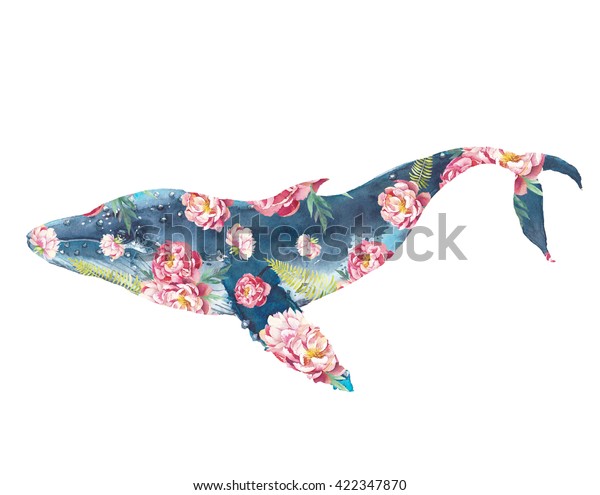 鯨と花の絵 青鯨と牡丹のブーケ柄の水彩画 白い背景に手描きの動物のシルエット クリエイティブな自然イラスト のイラスト素材