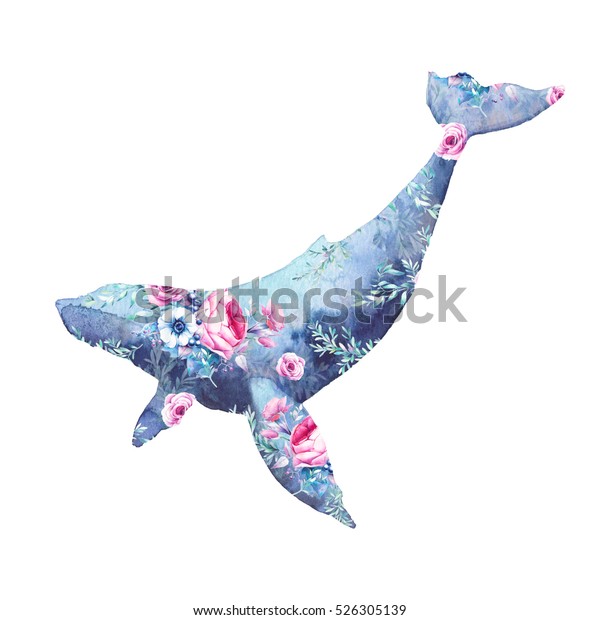 鯨と花の絵 ブルーホジラとアネモネ バラ 牡丹ブーケ柄の水彩画 白い背景に手描きの動物のシルエット クリエイティブな自然イラスト のイラスト素材