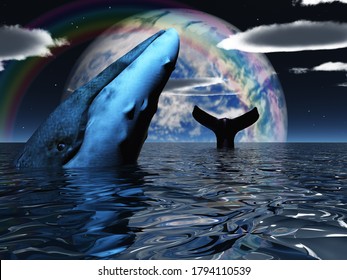 Whale In Ocean. Exoplanet At The Horizon. 3D Rendering