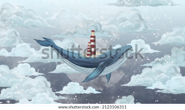  whale in the starry sky among the clouds with a lighthouse on its back, photo wallpaper for the interior