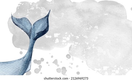 Whale tail watercolor gray background  Template for decorating designs   illustrations 