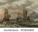 Whaling Grounds in the Arctic Ocean, by Abraham Storck, 1660-99, Dutch painting, oil on canvas. Three Dutch whalers navigate the Arctic Ocean amid walruses and ice floes. The crewmen are hunting whal