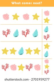 What comes next? Educational logic game for kids with cute shell illustration. Worksheet for children.