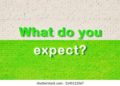 What Do You Expect? Colored Capital Letters Against A White And Green Brick Wall. Expectations, Job Description And Job Requirements Concept. 3D Illustration