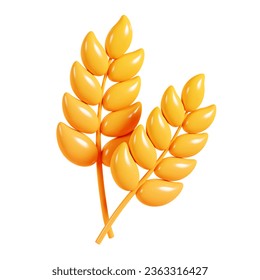 Wheat ear 3 d render illustration. Autumn farm harvest of barley with grain for seasonal design. Cartoon icon of yellow ripe rye or cereal spike for fall or thanksgiving concept. 3D Illustration