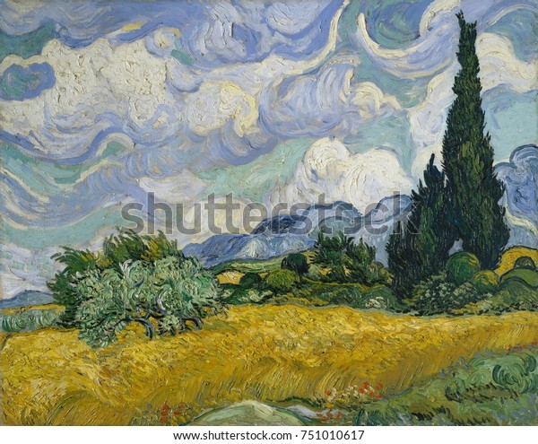 Wheat Field with Cypresses, by Vincent Van Gogh, 1889, Dutch Post-Impressionist, oil on canvas. This was his first version and was likely painted en plein air, when Van Gogh was able to leave the prec