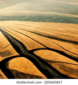 Wheat Field As Far As The Eye Can See And Black Oil Rivers Digital Art 3D Render