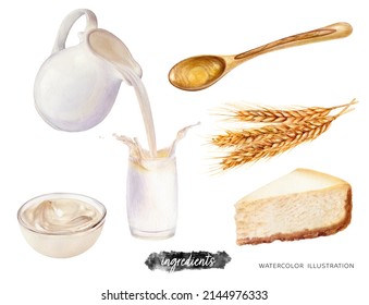 Wheat, Milk, Yougurt, Cheesecake, Wood Spoon Set Watercolor Illustration Isolated On White Background