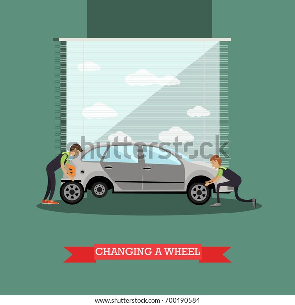 Wheel change, auto\
service concept illustration. Repairmen changing auto wheels, flat\
style design\
elements.
