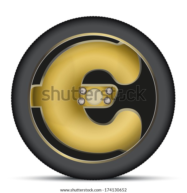 Wheel disk of gold euro sign.\
Financial symbol automotive industry. Isolated on\
background.