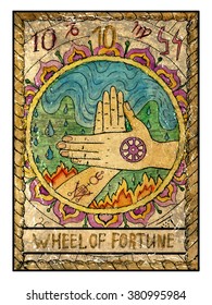 Wheel of fortune.  Full colorful deck, major arcana. The old tarot card, vintage hand drawn engraved illustration with mystic symbols. Two crossed hands against water and fire background