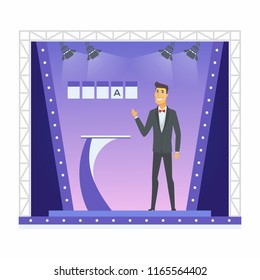 Wheel Of Fortune Presenter - Cartoon People Character Isolated Illustration On White Background. A Young Smiling Man In A TV Program, Standing Next To The Podium With A Word Puzzle Behind Him