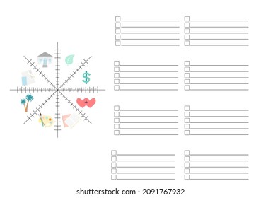 Wheel of Life - diagram with blank lines to fill. Printable A4 paper sheet for coaching tool, bullet journal page, daily planner template, blank for notebook - Powered by Shutterstock