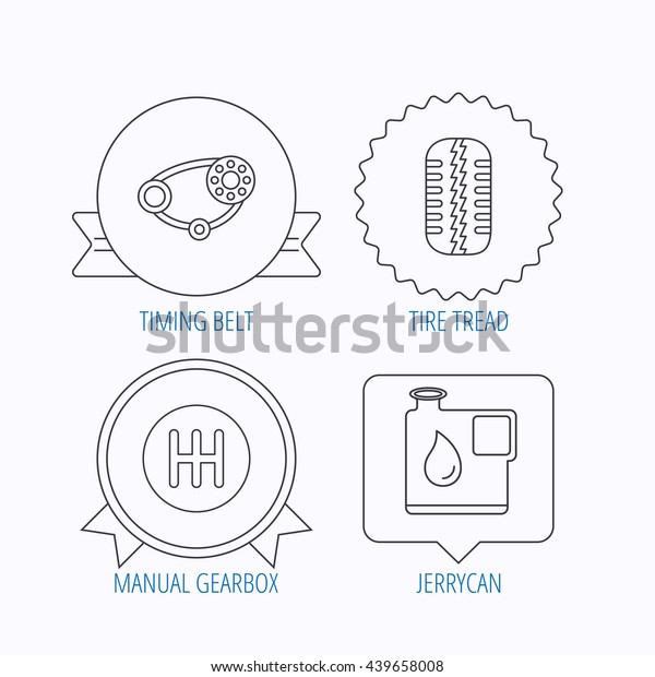 Wheel, manual gearbox and timing belt\
icons. Fuel jerrycan, manual transmission linear signs. Award\
medal, star label and speech bubble designs.\
