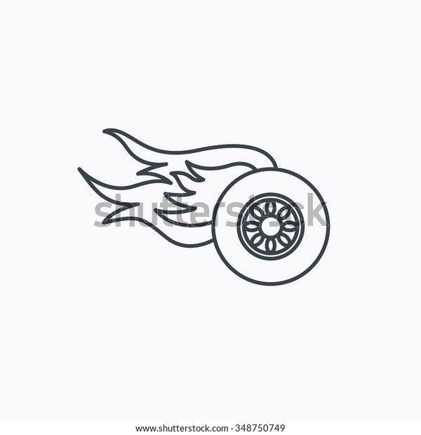 Wheel on fire icon. Race or Speed sign.\
Linear outline icon on white background.\
