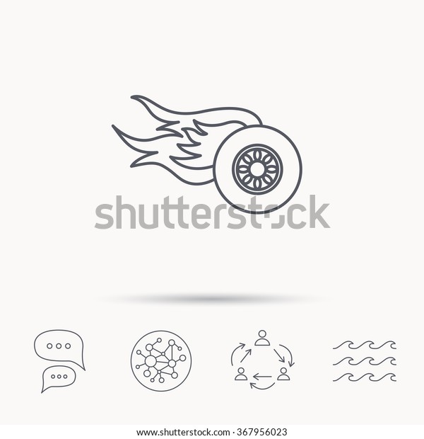 Wheel on\
fire icon. Race or Speed sign. Global connect network, ocean wave\
and chat dialog icons. Teamwork\
symbol.