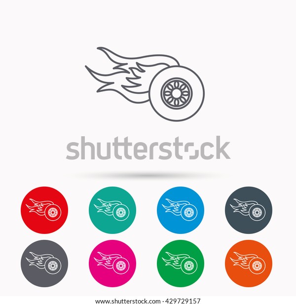 Wheel on fire icon. Race or Speed sign.\
Linear icons in circles on white\
background.
