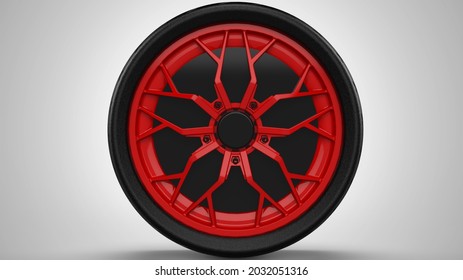 Wheel On White Background. 3D Rendering Image. Red Rim. Black Tire. Tire Tread. Side View. Axial View.