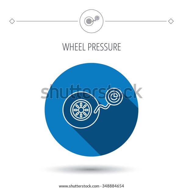 Wheel pressure icon. Tire service
sign. Blue flat circle button. Linear icon with shadow.
