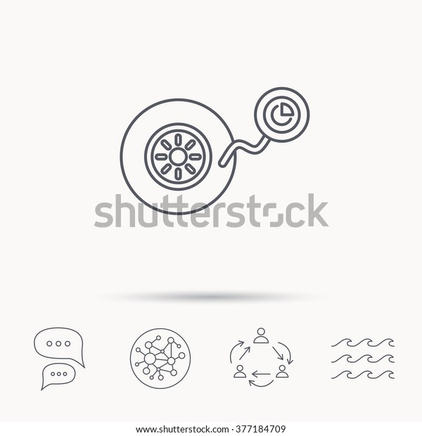 Wheel\
pressure icon. Tire service sign. Global connect network, ocean\
wave and chat dialog icons. Teamwork\
symbol.