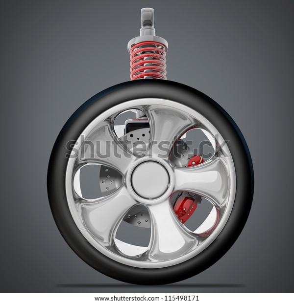 Wheel, shock absorber and brake pads. High\
resolution 3d\
render