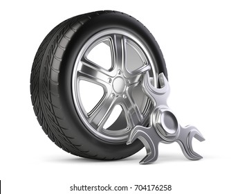 Wheel And Spinner Wrench. Car Service 3d Icon. Image Isolated On White Background.