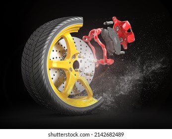 Wheel structure. Car wheel with brake isolated on a dark background. 3d illustration - Powered by Shutterstock