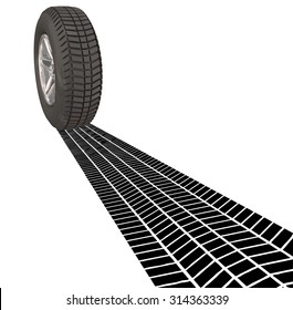 Wheel Tire Skid Mark Tracks On A Road As You Are Leaving A Town Or Place, Driving A Car, Automobile Or Other Vehicle