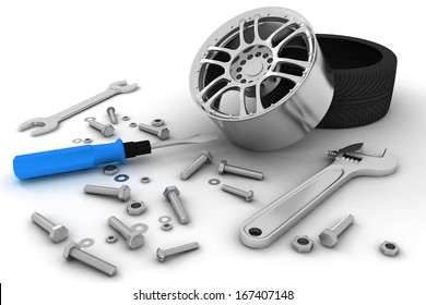 Wheel And Tools. Car Service. Isolated 3D Image