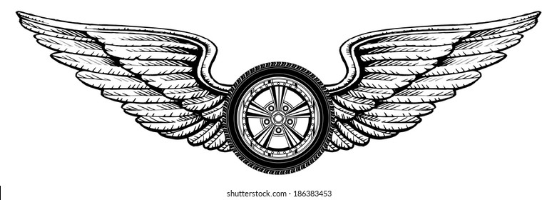 Wheel With Wings is an illustration of a wheel with wings design. Great for t-shirts designs and other automobile racing designs.