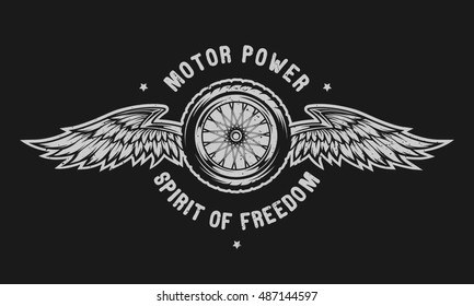 Wheel and wings - the spirit of freedom. Emblem, t-shirt design. For a dark background. Illustration vector copy.