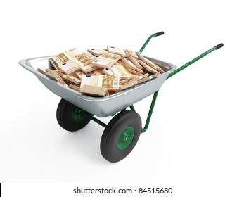 wheelbarrow full of money on a white background