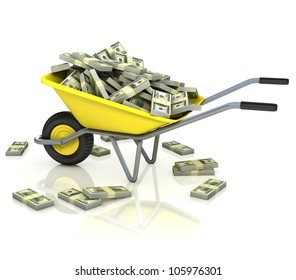 wheelbarrow full of money - wealth, fortune, capital, earnings, lottery, dollar 3d concept